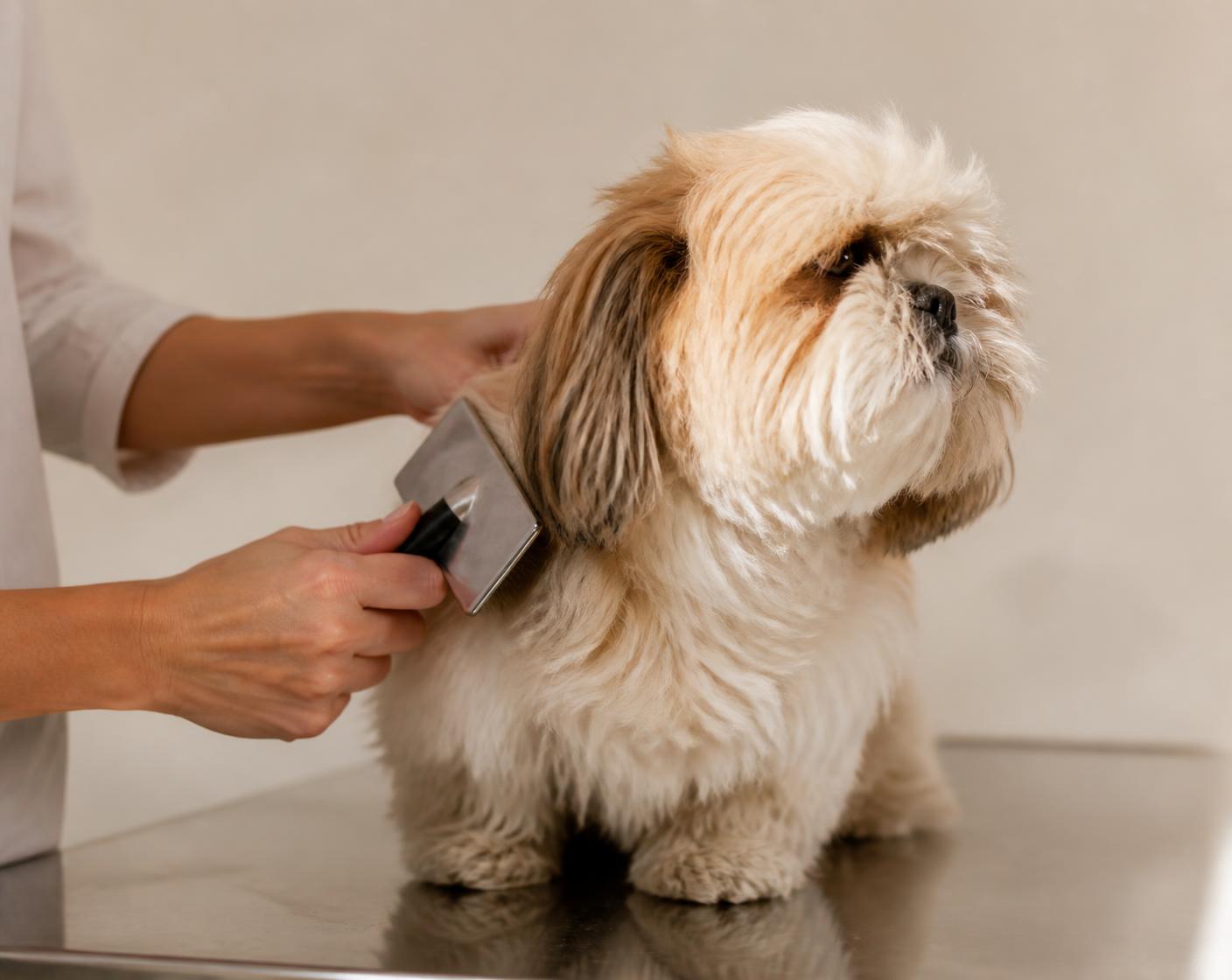 A small dog being brushed on a grooming table — dog grooming at House of Paws in Las Vegas