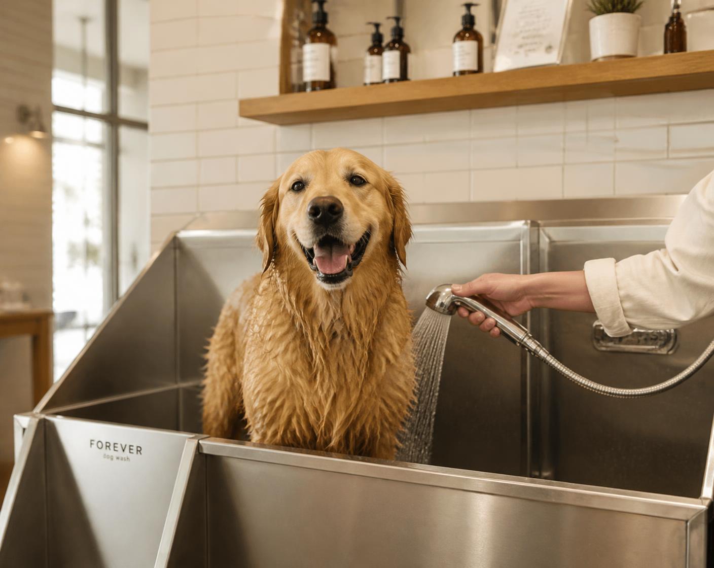 A golden retriever in a raised self-serve dog wash tub at House of Paws Las Vegas