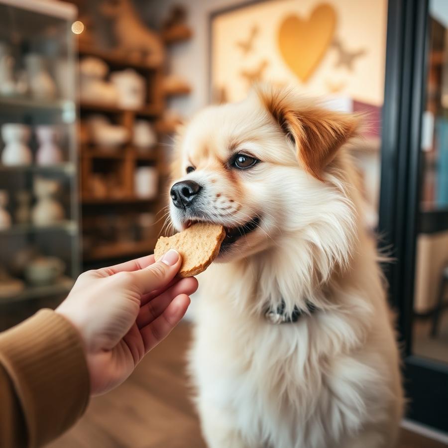 A dog receiving a treat from a team member at House of Paws